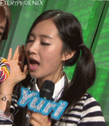 Woman Holding Microphone with Yuri Sticker
