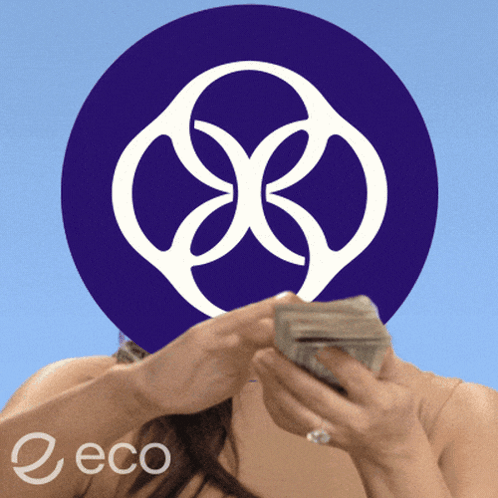 Woman Holding Money in Front of Purple Circle With Eco