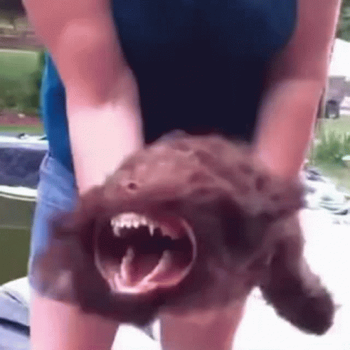Woman Holding Open-Mouthed Stuffed Animal GIF