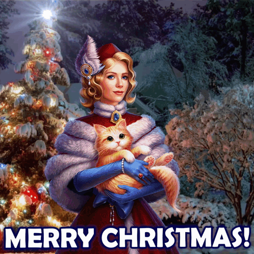 Woman Holding Orange Cat Merry Christmas