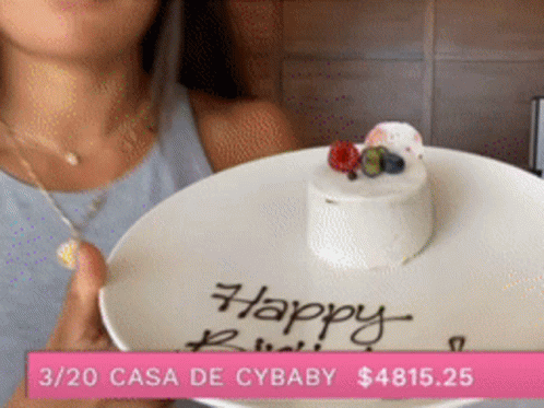 Woman Holding Plate with Happy Birthday Cake