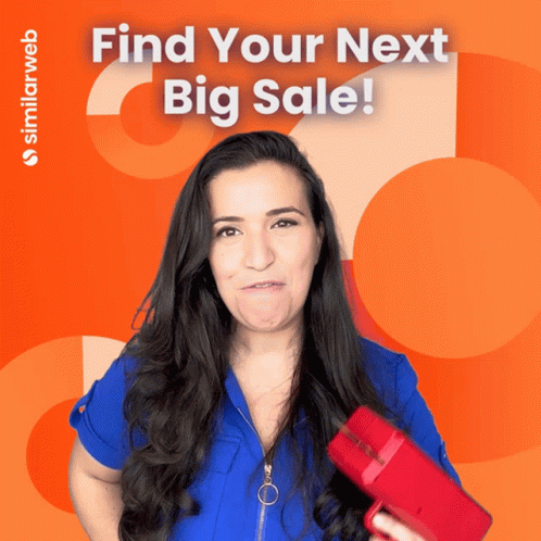 Woman Holding Red Hair Dryer Saying Find Your Next Big Sale