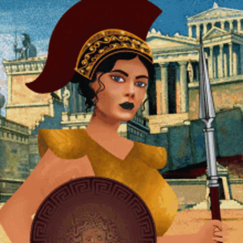 Woman Holding Spear And Shield With Greek Key Pattern GIF