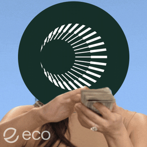 Woman Holding Stack of Money in Front of Green Circle With ECO