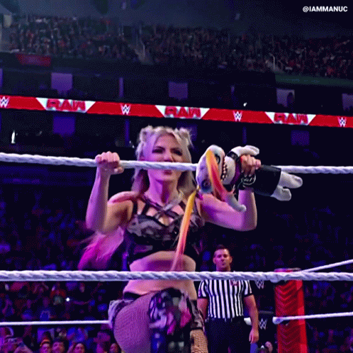 Woman Holding Stuffed Animal In Wrestling Ring With Referee GIF