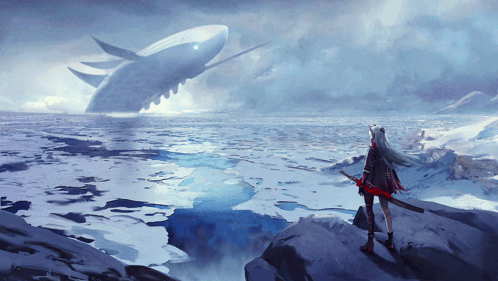 Woman Holding Sword Looking At Whale GIF