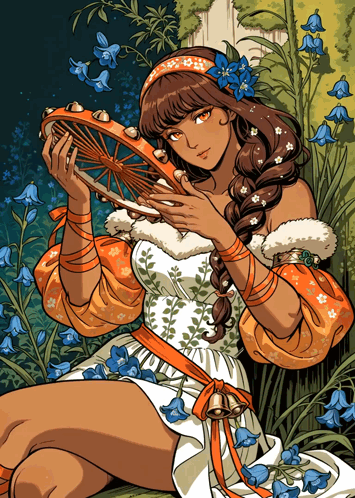 Woman Holding Tambourine in a Garden