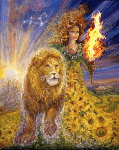 Woman Holding Torch Next to Lion