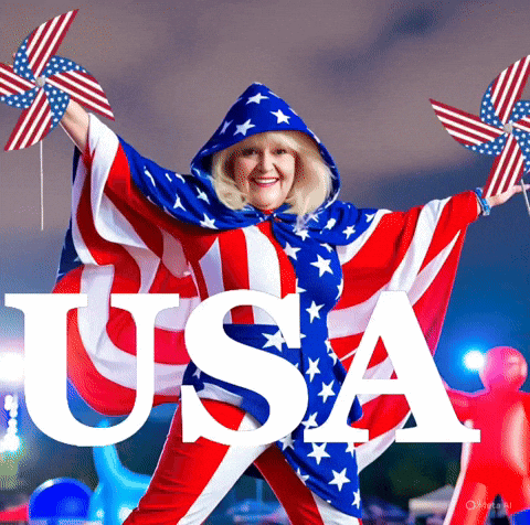 Woman in American Flag Cape Holding Pinwheel Toys