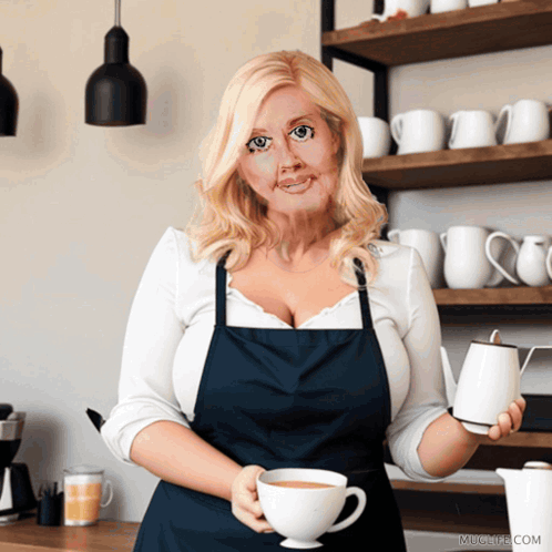 Woman in Apron Holding Cup of Coffee and Teapot