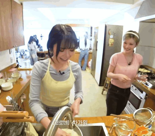 Woman In Apron Washing Dishes While Another Watches GIF