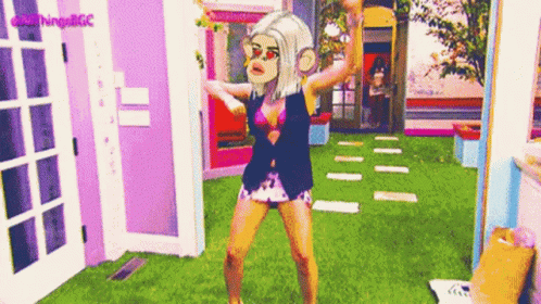 Woman in Bikini Dancing in Room with Purple Door