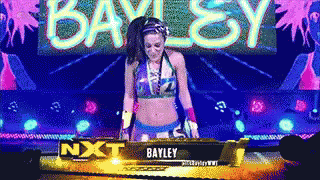 Woman in Bikini Standing in Front of Bayley Sign