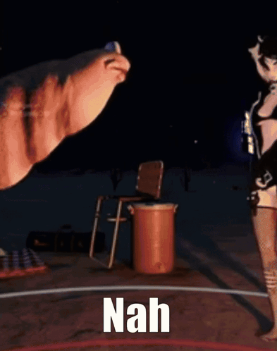 Woman in Bikini with Trash Can Saying Nah