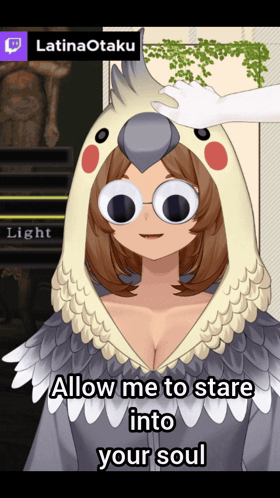 Woman in Bird Costume Saying Allow Me to Stare Into Your Soul