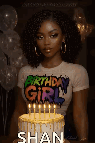 Woman in Birthday Girl Shirt Standing in Front of Birthday Cake With Candles
