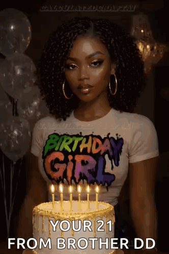Woman in Birthday Girl Shirt With Birthday Cake and Candles