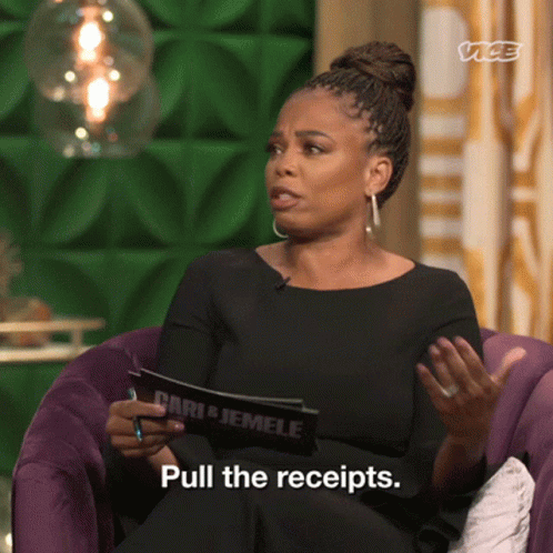 Woman in Black Dress Sitting in Purple Chair Holding Clipboard Saying Pull the Receipts