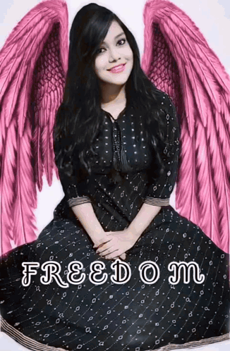 Woman In Black Dress With Pink Wings Sitting Before Freedom GIF