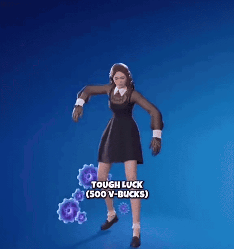 Woman in Black Dress With Purple Gears Saying Tough Luck 500 V-Bucks