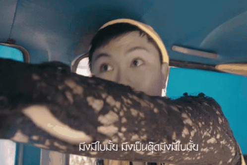 Woman In Black Lace Dress Looking Out Car Window With Foreign Caption GIF