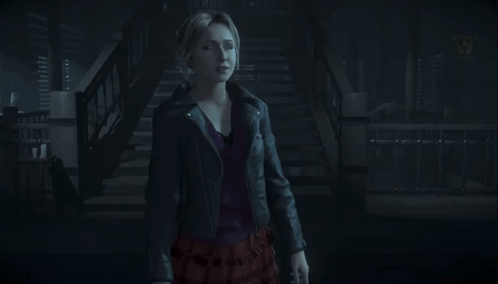 Woman In Black Leather Jacket Standing In Front Of Stairs GIF