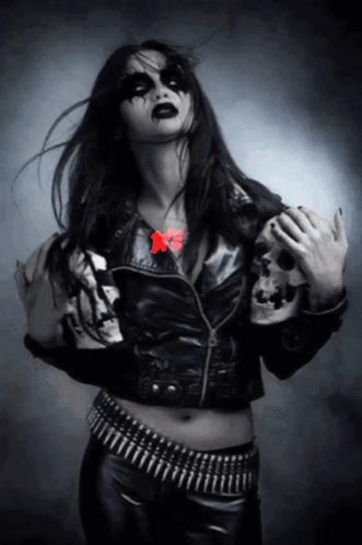 Woman in Black Leather Jacket with Skull Sleeve