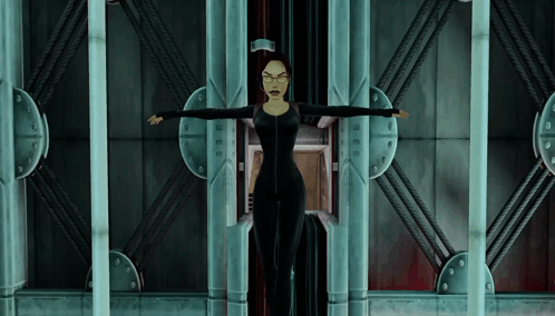 Woman in Black Suit and Glasses with Arms Outstretched in Elevator