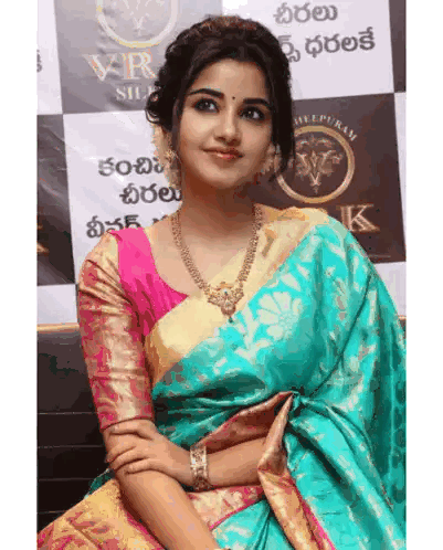 Woman in Blue and Pink Saree in Front of VR Silver Sign