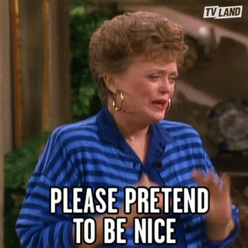Woman in Blue and White Striped Shirt Saying Please Pretend to Be Nice