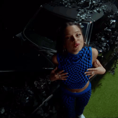 Woman In Blue Checkered Top And Blue Pants In Front Of Car GIF