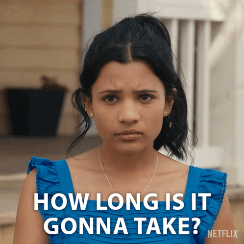 Woman In Blue Dress Asking How Long It's Gonna Take GIF