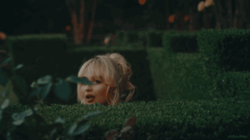 Woman in Blue Dress Hiding Behind Hedge