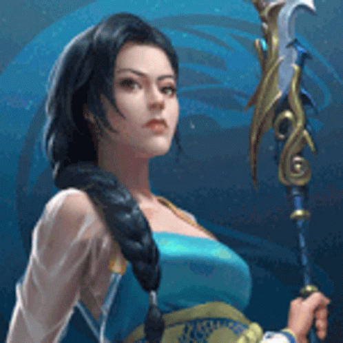 Woman In Blue Dress Holding Spear GIF
