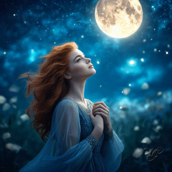 Woman in Blue Dress Looking at Full Moon