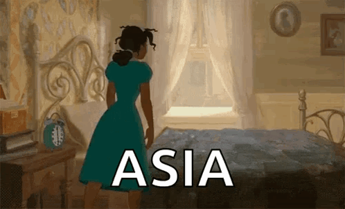 Woman In Blue Dress Next To Bed With Asia GIF
