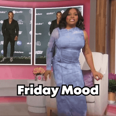 Woman In Blue Dress Saying Friday Mood GIF