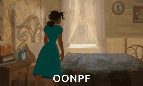 Woman In Blue Dress Standing Before Bed Oonpf GIF