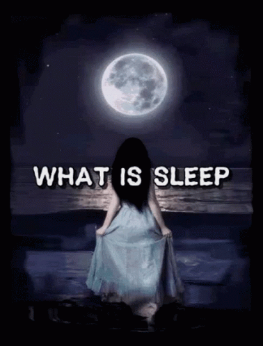 Woman In Blue Dress Under Full Moon Saying What Is Sleep GIF
