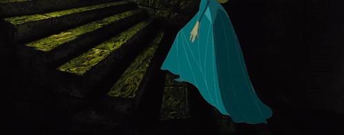 Woman in Blue Dress Walking Down Dark Stairs