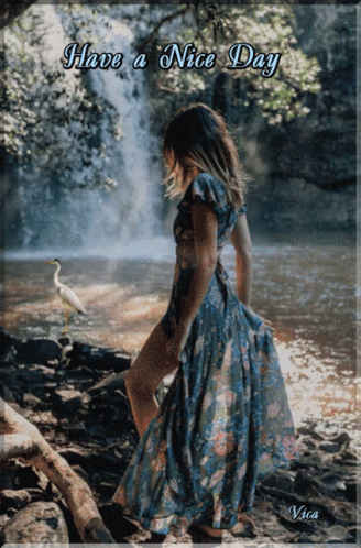 Woman In Blue Dress Waterfall Saying Have A Nice Day GIF