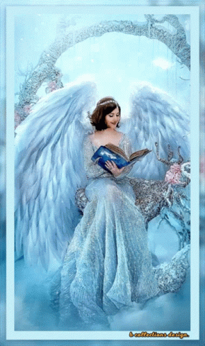 Woman In Blue Dress With White Wings Reading Book GIF