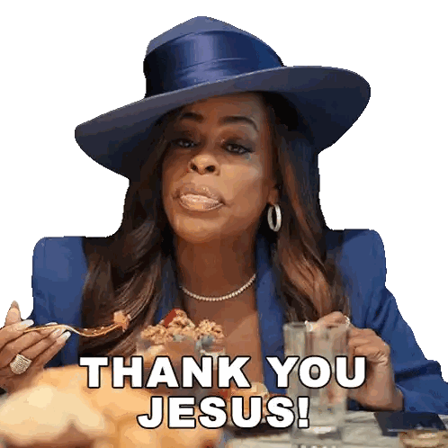Woman in Blue Hat Eating Cereal Says Thank You Jesus