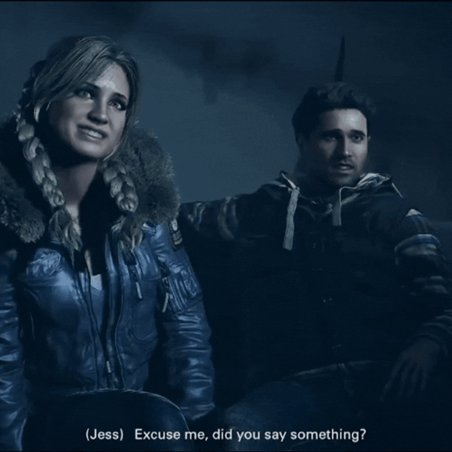 Woman In Blue Jacket Talking To Man In Black Jacket Video Game GIF
