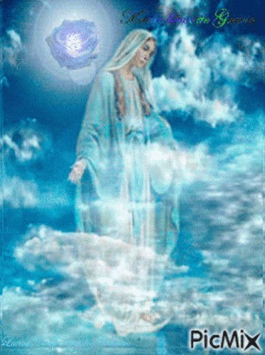 Woman In Blue Robe Standing In Clouds With Purple Flower GIF
