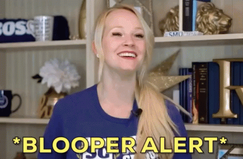 Woman in Blue Shirt Saying Blooper Alert