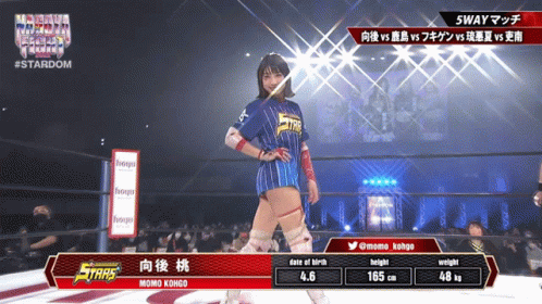Woman in Blue Stars Shirt Walking Wrestling Ring