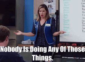 Woman in Blue Vest Saying Nobody Is Doing Any of Those Things