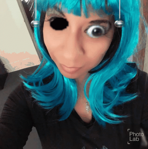 Woman In Blue Wig Taking Selfie With Photo Lab Watermark GIF