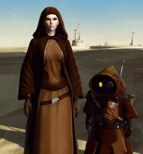 Woman in Brown Robe Next to Small Robot